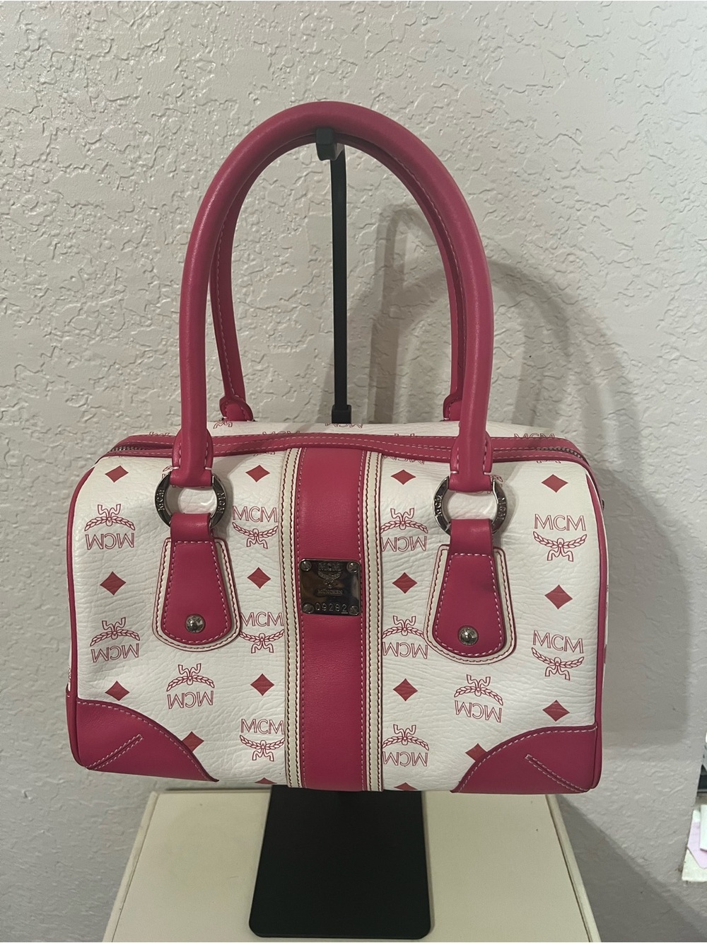 MCM White & Pink Logo-Print Satchel